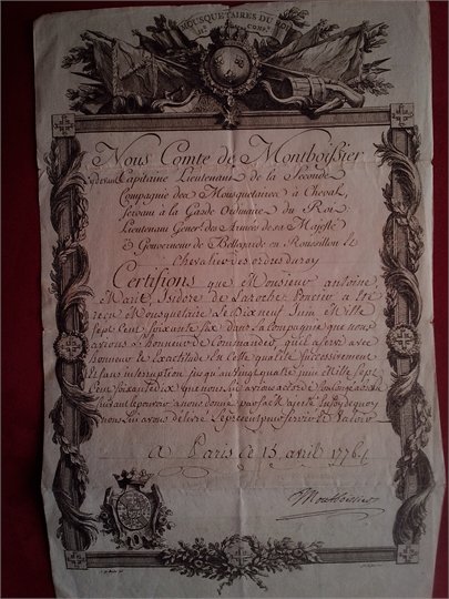 Mousquetaire de 1766 jusqu’en 1770 – Certificat gravée