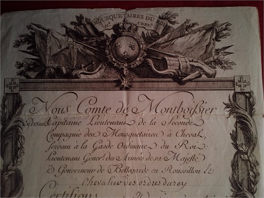 Mousquetaire de 1766 jusqu’en 1770 – Certificat gravée