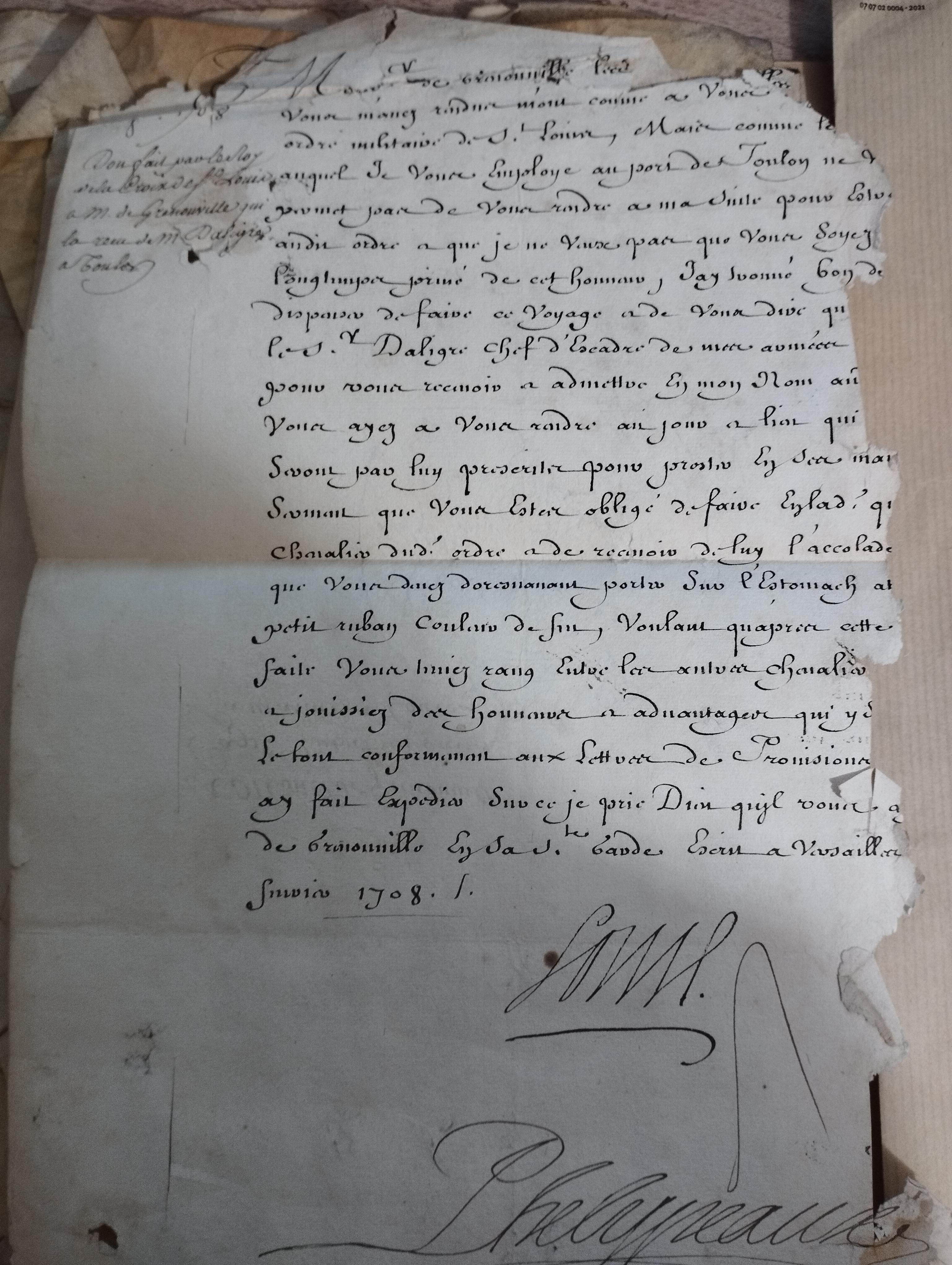 LOUIS XIV.  Lettre signée (secrétaire), adressée à Monsieur de Grenouville