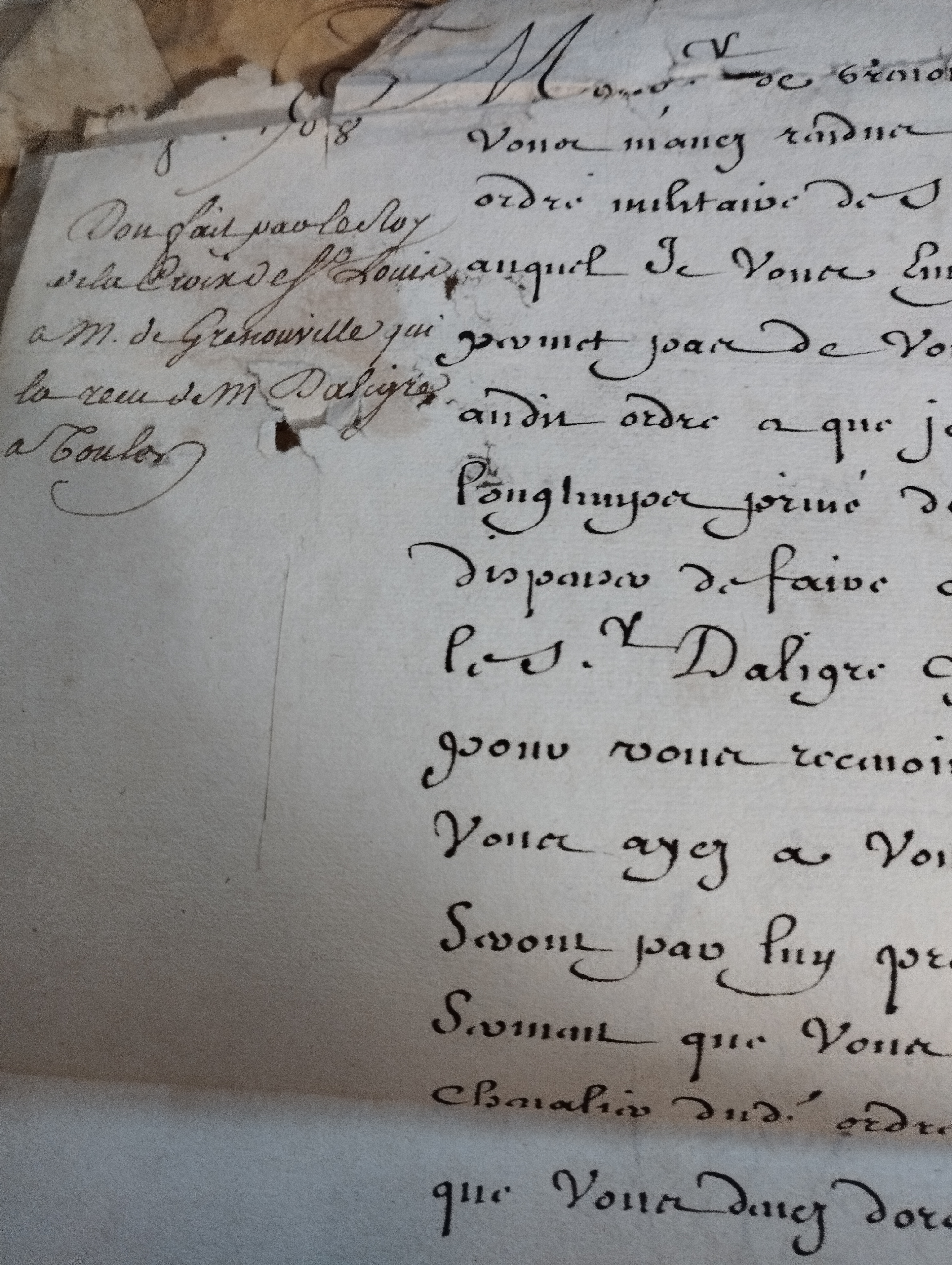 LOUIS XIV.  Lettre signée (secrétaire), adressée à Monsieur de Grenouville