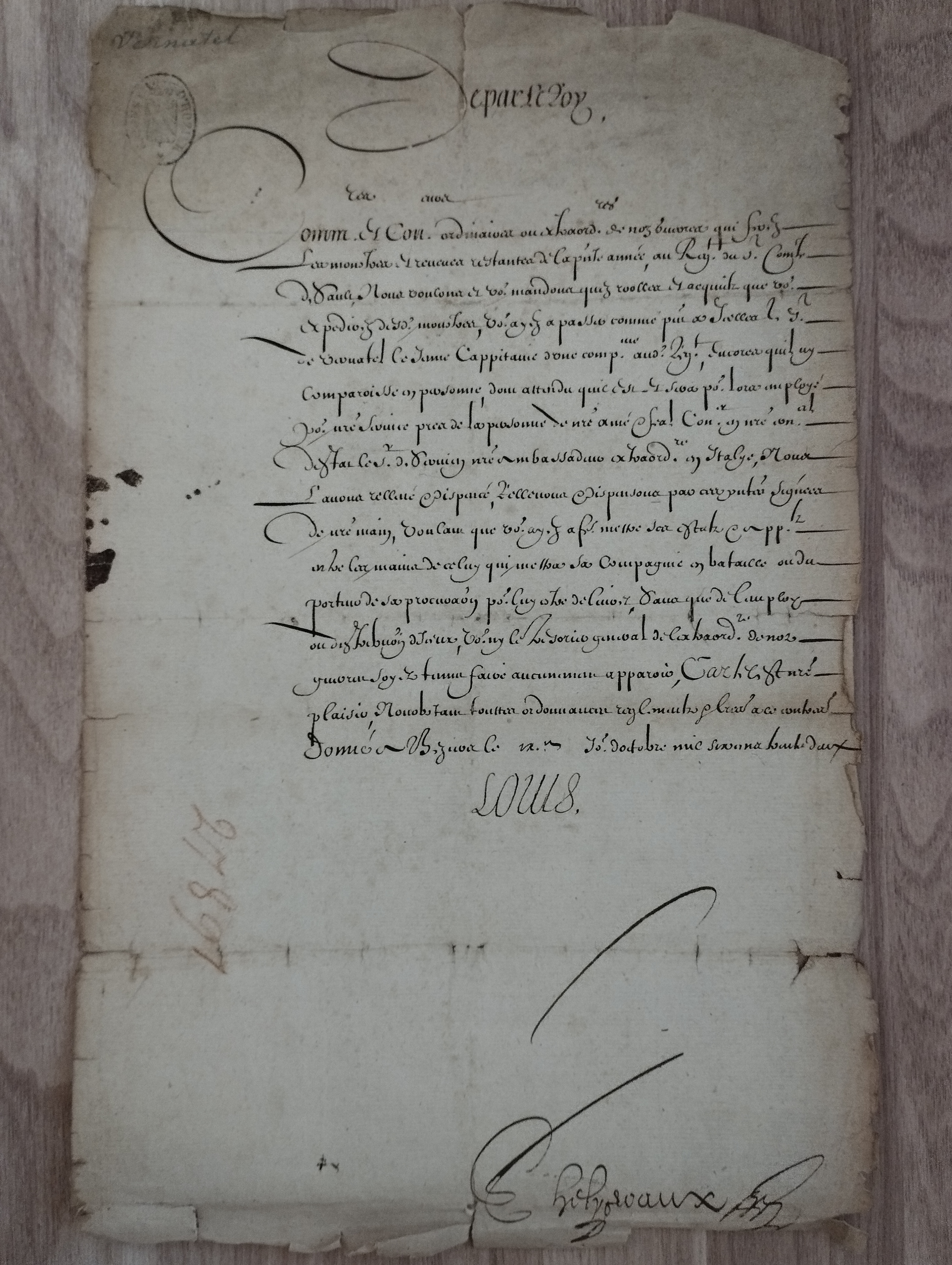 LOUIS XIV.  Piece signée, 30/10/1632