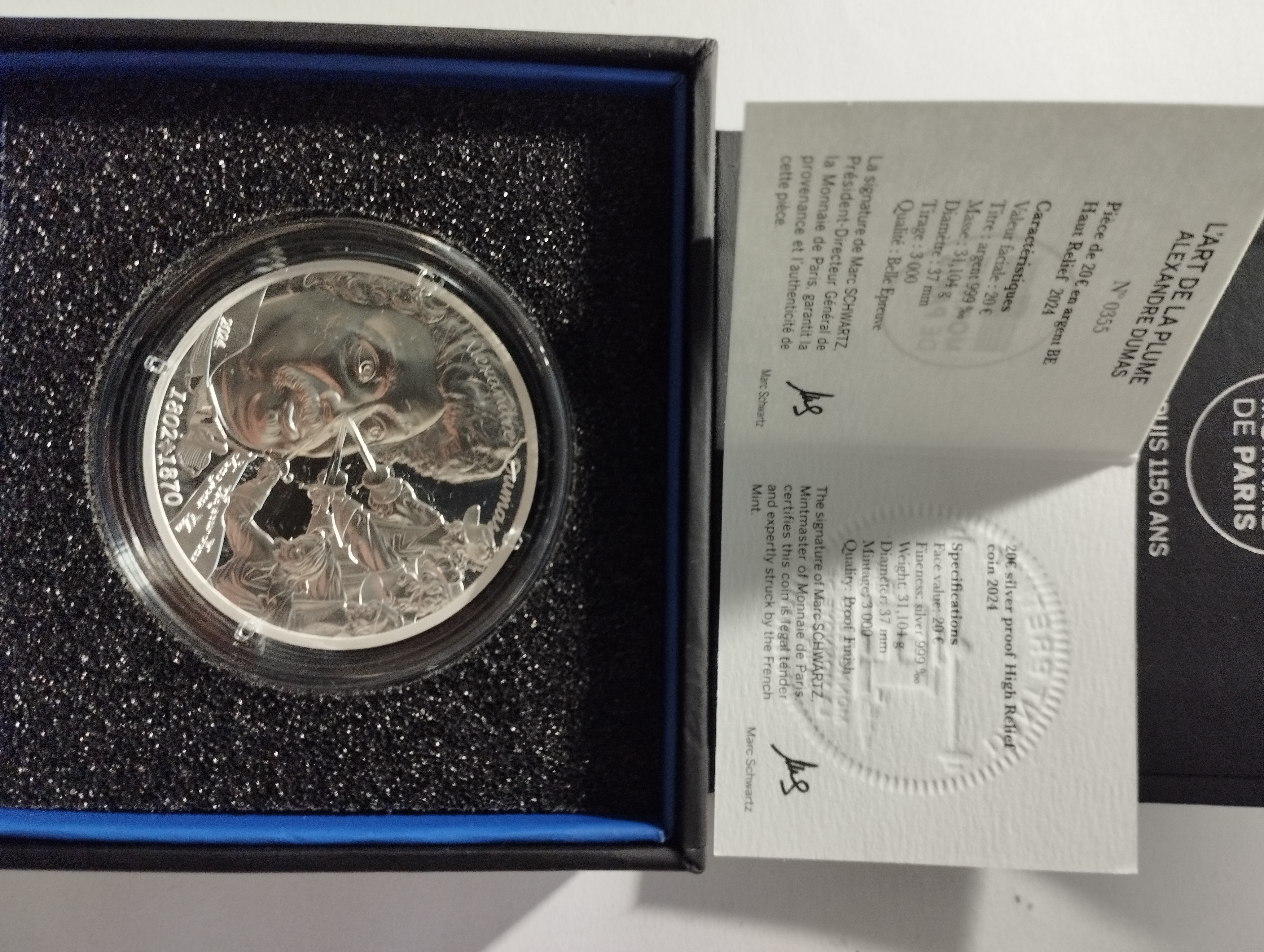 Alexandre Dumas Monnaie de 20€ Argent 1Oz Haut Relief